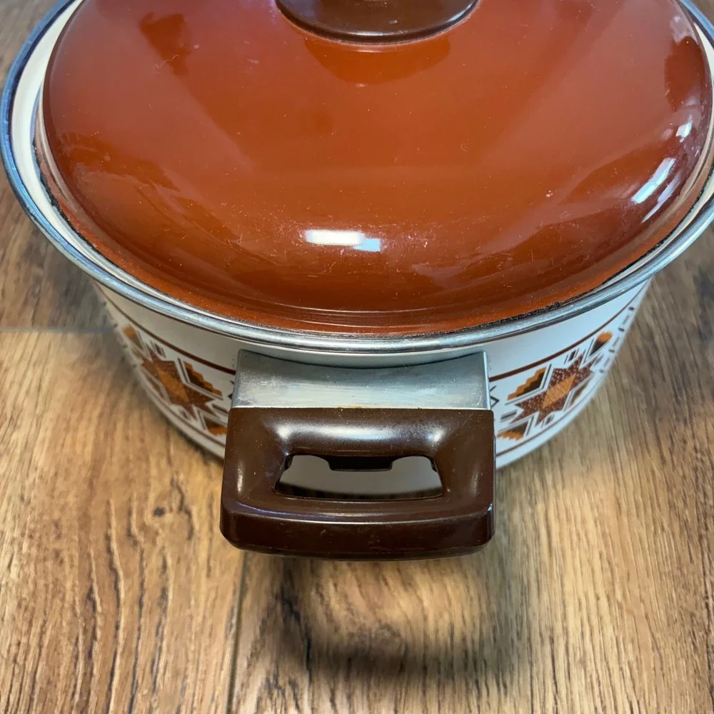 Vintage Enamel Stock Pot Made in Japan Retro 70s Geometric Brown Orange Western